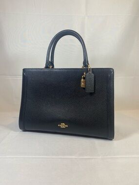 Coach Zoe Carryall - Black Pebbled Leather Satchel with Gold Tone Hardware